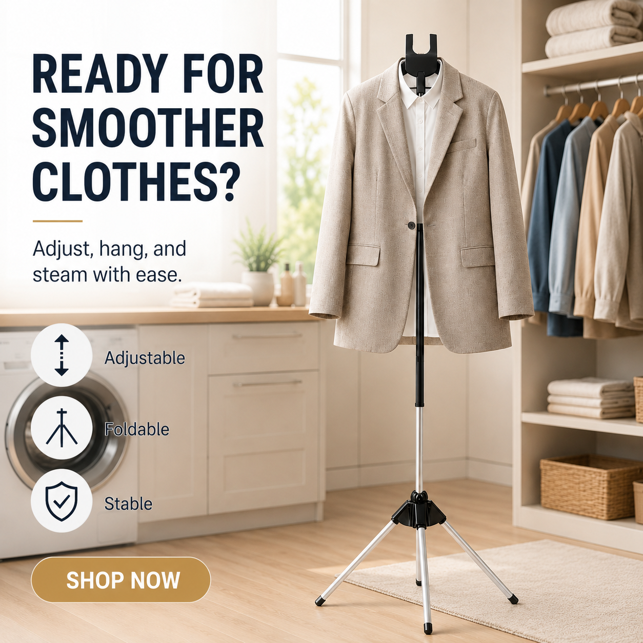 Steam Anywhere Instantly! No-Tip Foldable Tripod Garment Stand