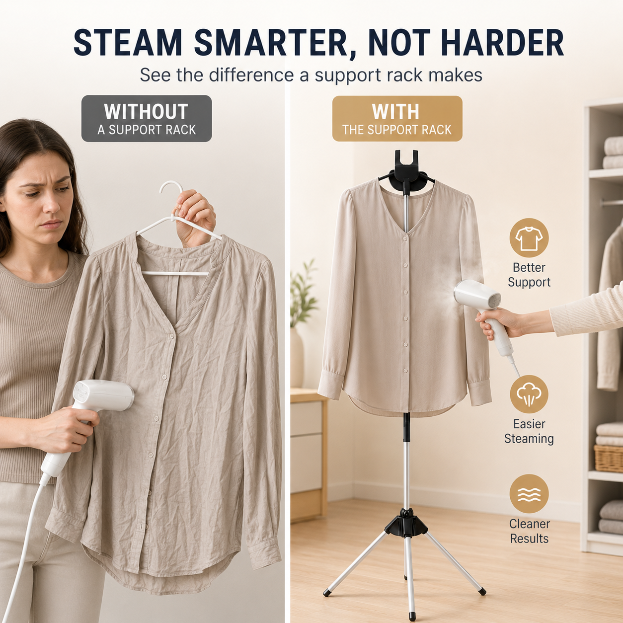 Steam Anywhere Instantly! No-Tip Foldable Tripod Garment Stand