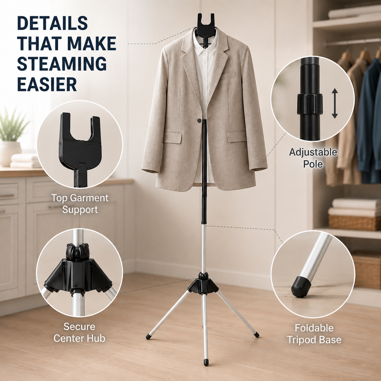 Steam Anywhere Instantly! No-Tip Foldable Tripod Garment Stand