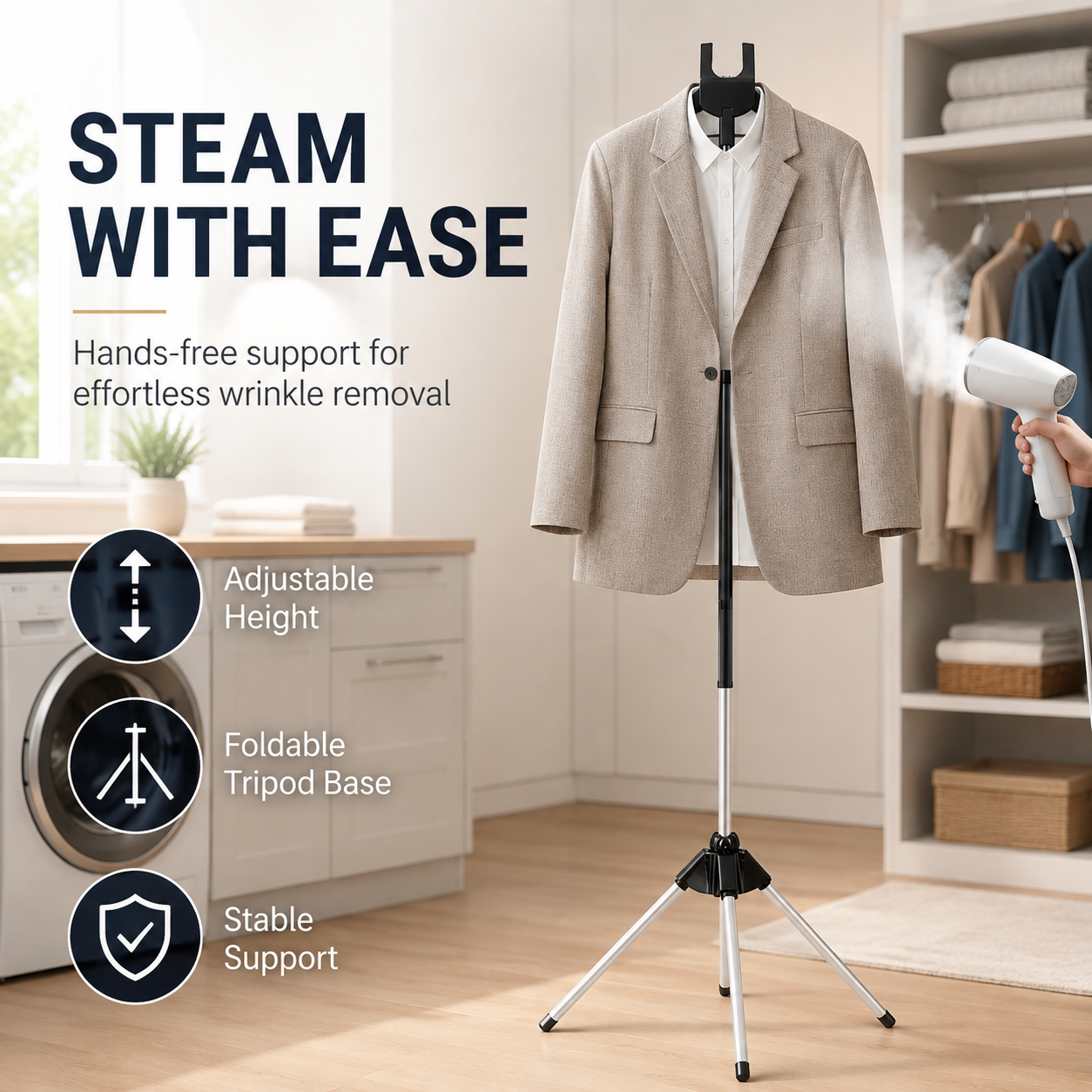 Steam Anywhere Instantly! No-Tip Foldable Tripod Garment Stand