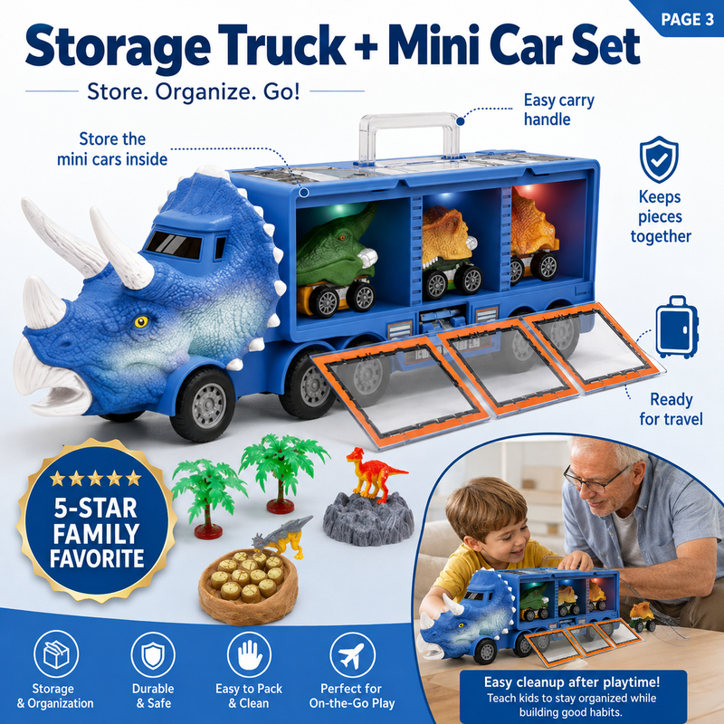 Launch Dino Fun Instantly! Light-Up No-Mess Storage Truck Playset