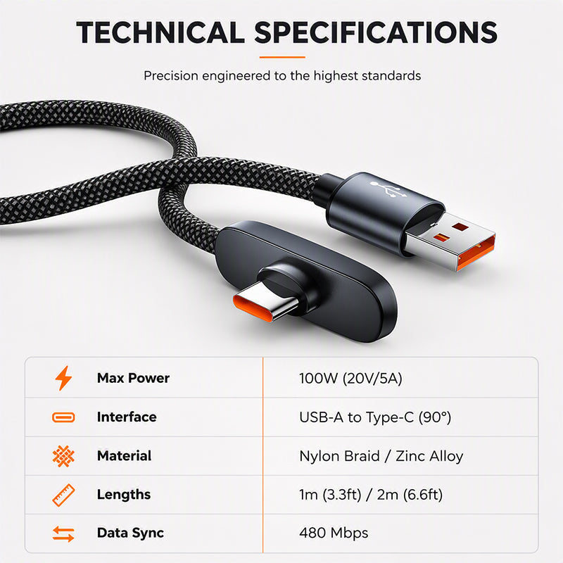 Charge While Gaming Instantly! No-Interference 100W Right-Angle Cable