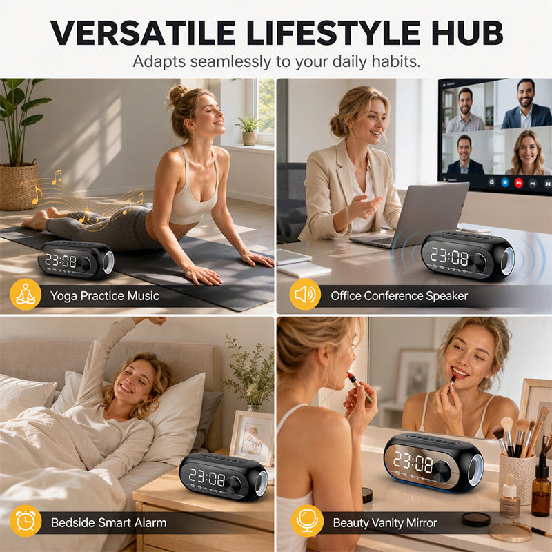 🔊50% OFF NOW! Multi‑Functional Portable Bluetooth Wireless Speaker‑ S8 Mirror Digital Alarm Clock Speaker, 360° Surround Sound Bedside Speaker with Dual Alarm & HD Mirror Display