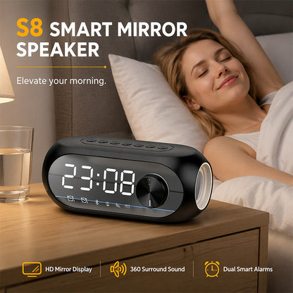 🔊50% OFF NOW! Multi‑Functional Portable Bluetooth Wireless Speaker‑ S8 Mirror Digital Alarm Clock Speaker, 360° Surround Sound Bedside Speaker with Dual Alarm & HD Mirror Display