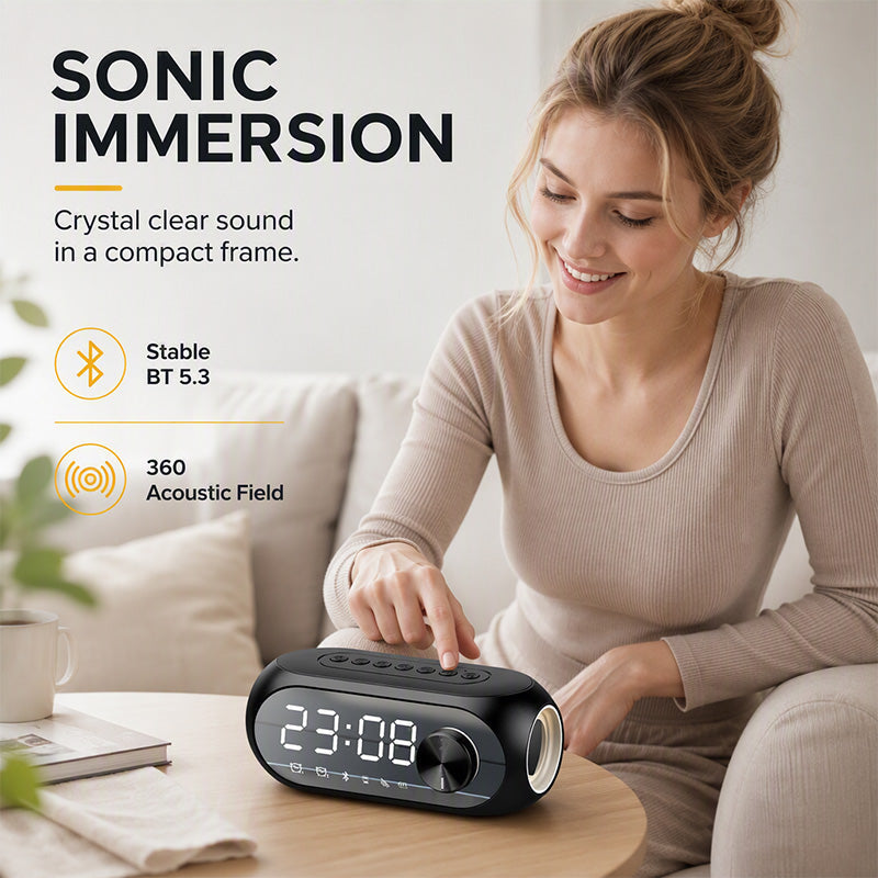 🔊50% OFF NOW! Multi‑Functional Portable Bluetooth Wireless Speaker‑ S8 Mirror Digital Alarm Clock Speaker, 360° Surround Sound Bedside Speaker with Dual Alarm & HD Mirror Display