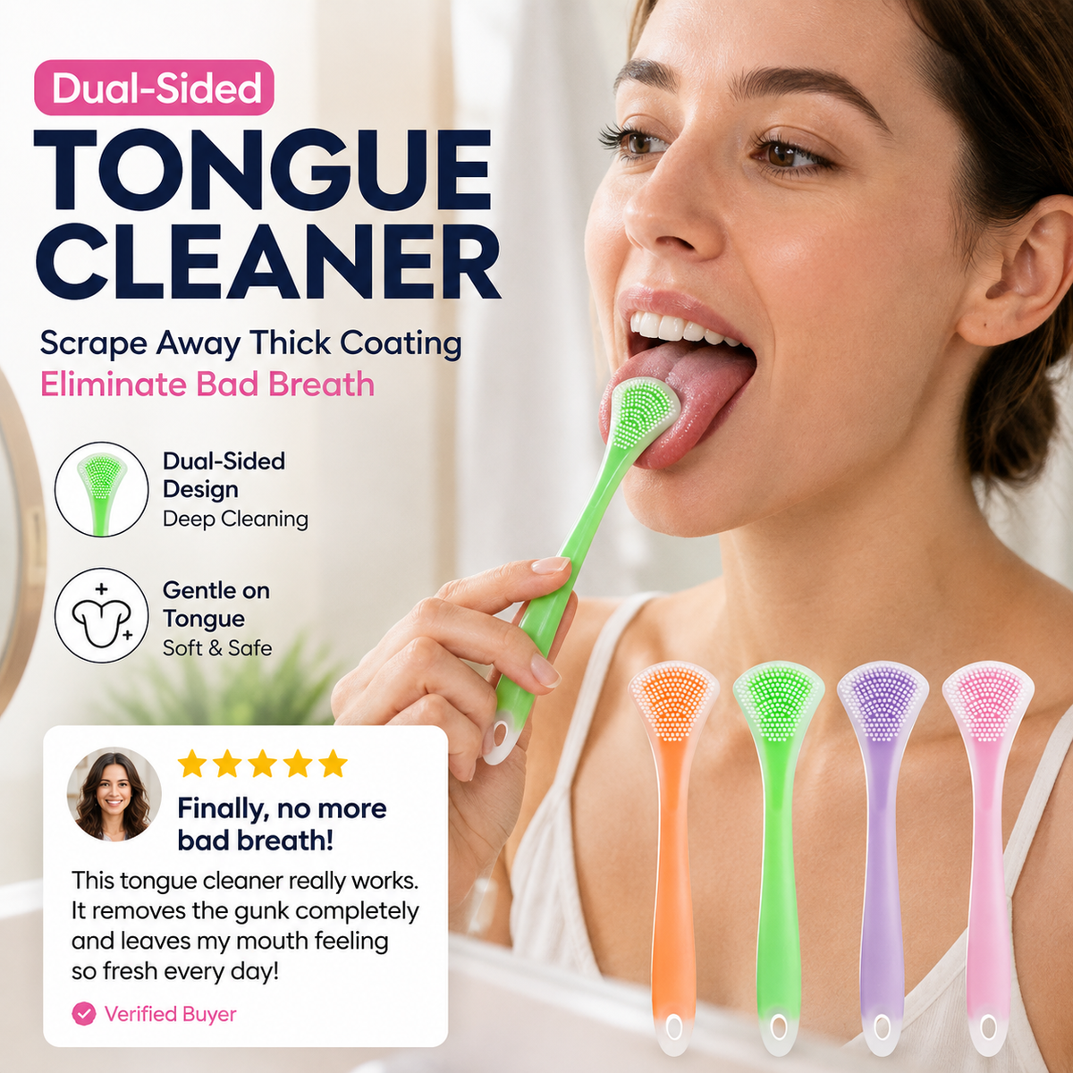 Clean Tongue Instantly! No-Gag 3-in-1 Silicone Scraper