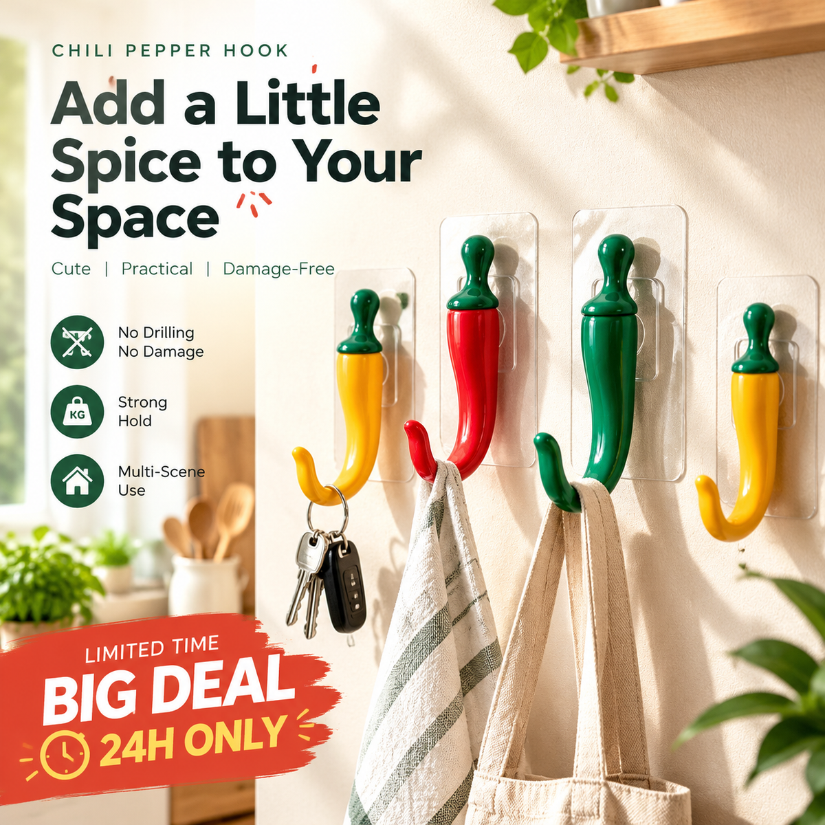 🌶️ Cute Chili-Shaped No-Drill Wall Hooks