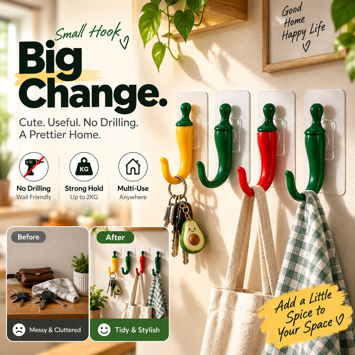 🌶️ Cute Chili-Shaped No-Drill Wall Hooks