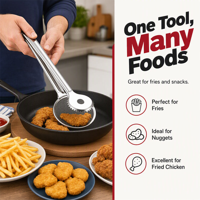 Lift Fried Food Instantly! No-Splatter 2-in-1 Oil Filter Tongs