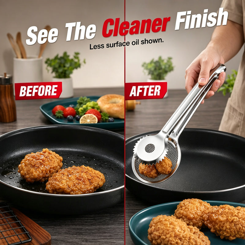 Lift Fried Food Instantly! No-Splatter 2-in-1 Oil Filter Tongs