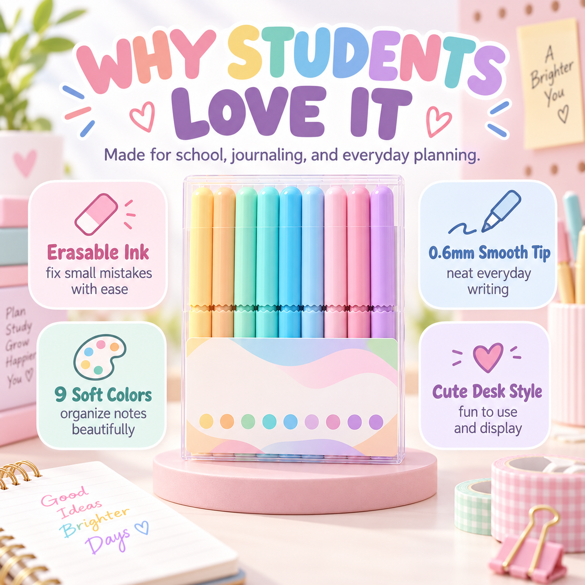 Write & Erase Instantly! No-Mess 8-Color Erasable Gel Pens