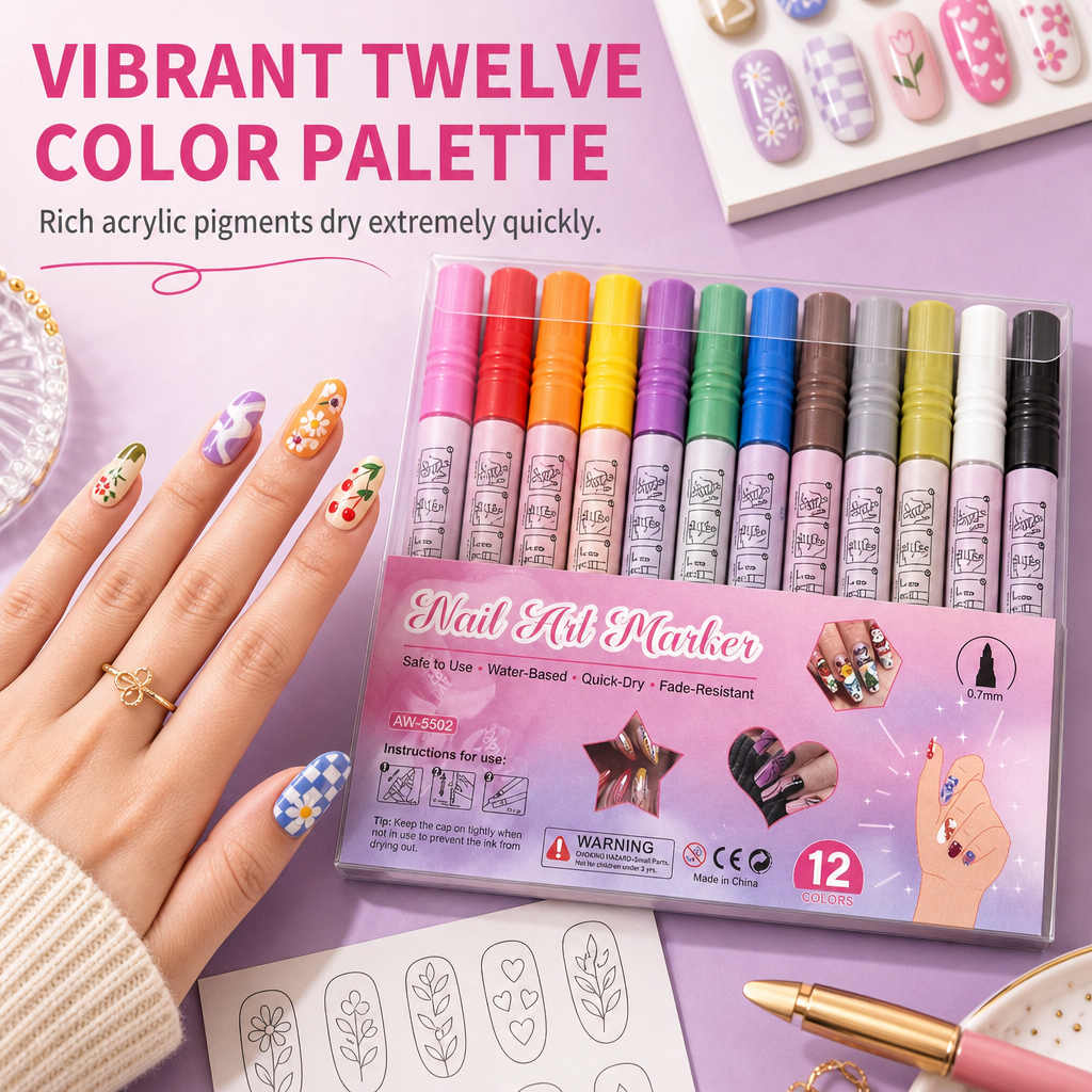 Create Fine Nail Art Instantly! 12-Color 0.7mm Detail Pen Set