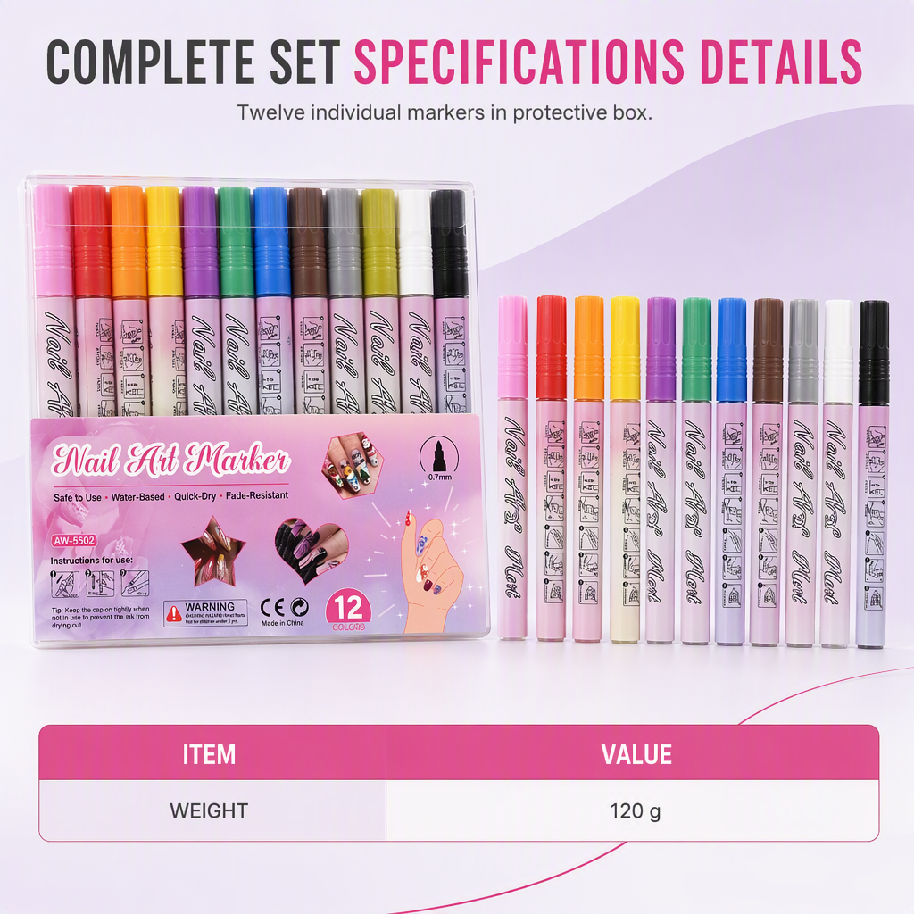 Create Fine Nail Art Instantly! 12-Color 0.7mm Detail Pen Set