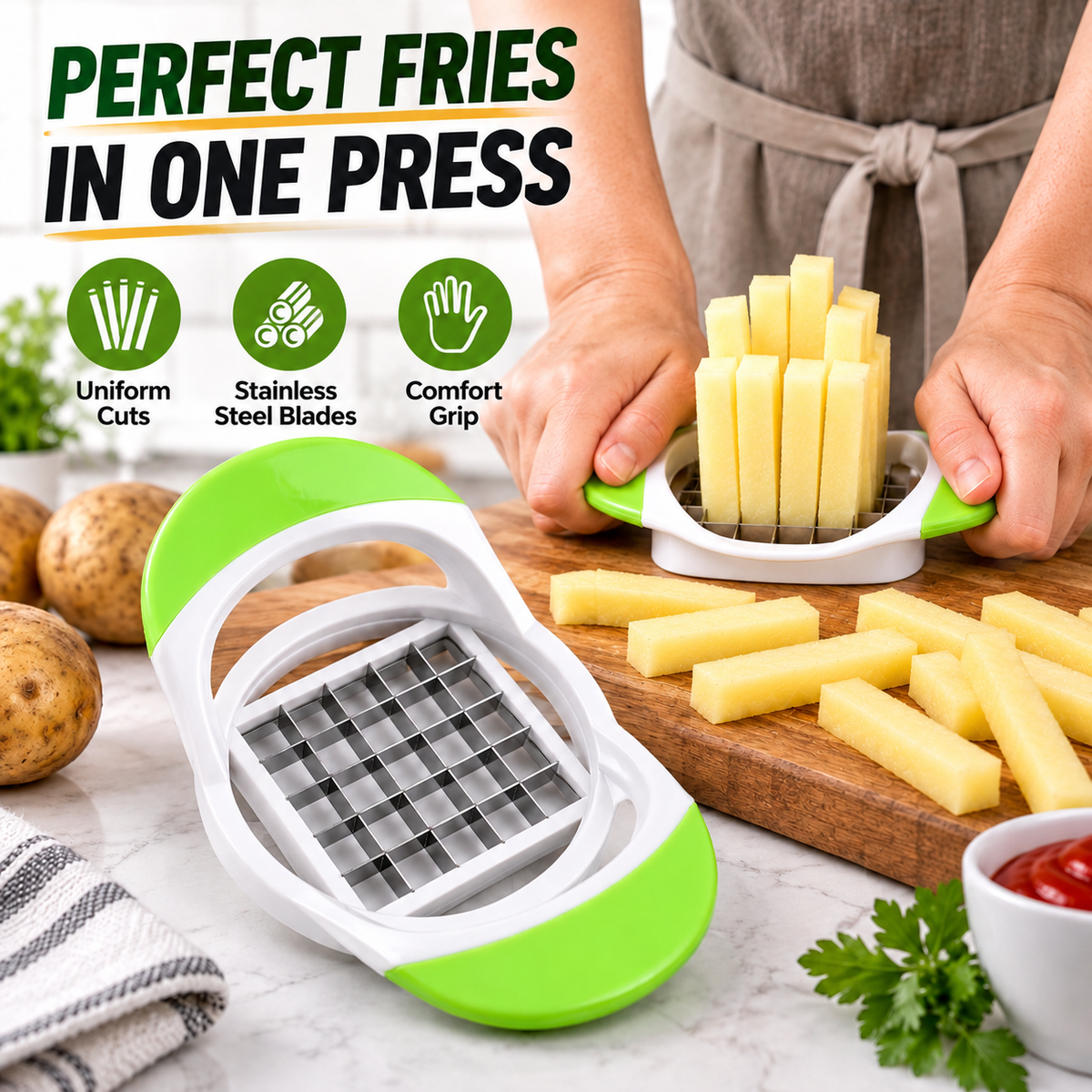 Cut Fries Instantly! No-Mess One-Press Stainless Fry Cutter