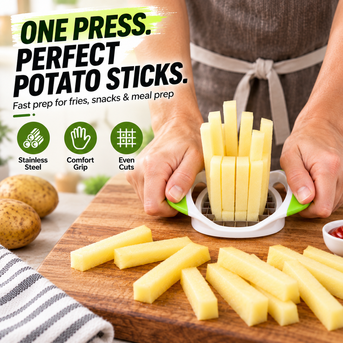 Cut Fries Instantly! No-Mess One-Press Stainless Fry Cutter