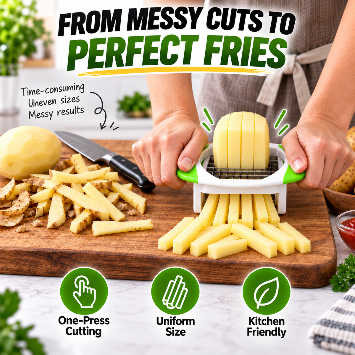 Cut Fries Instantly! No-Mess One-Press Stainless Fry Cutter