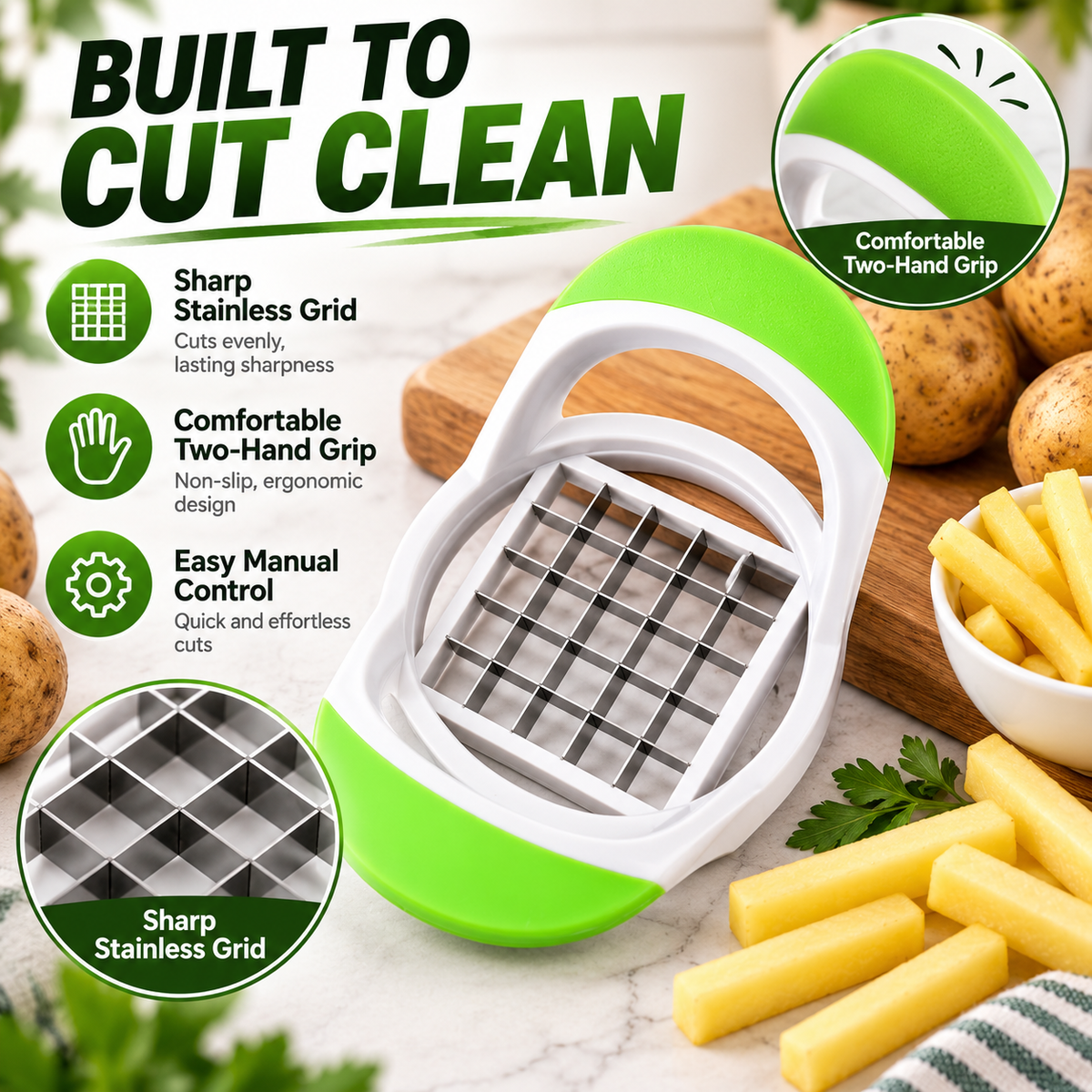 Cut Fries Instantly! No-Mess One-Press Stainless Fry Cutter