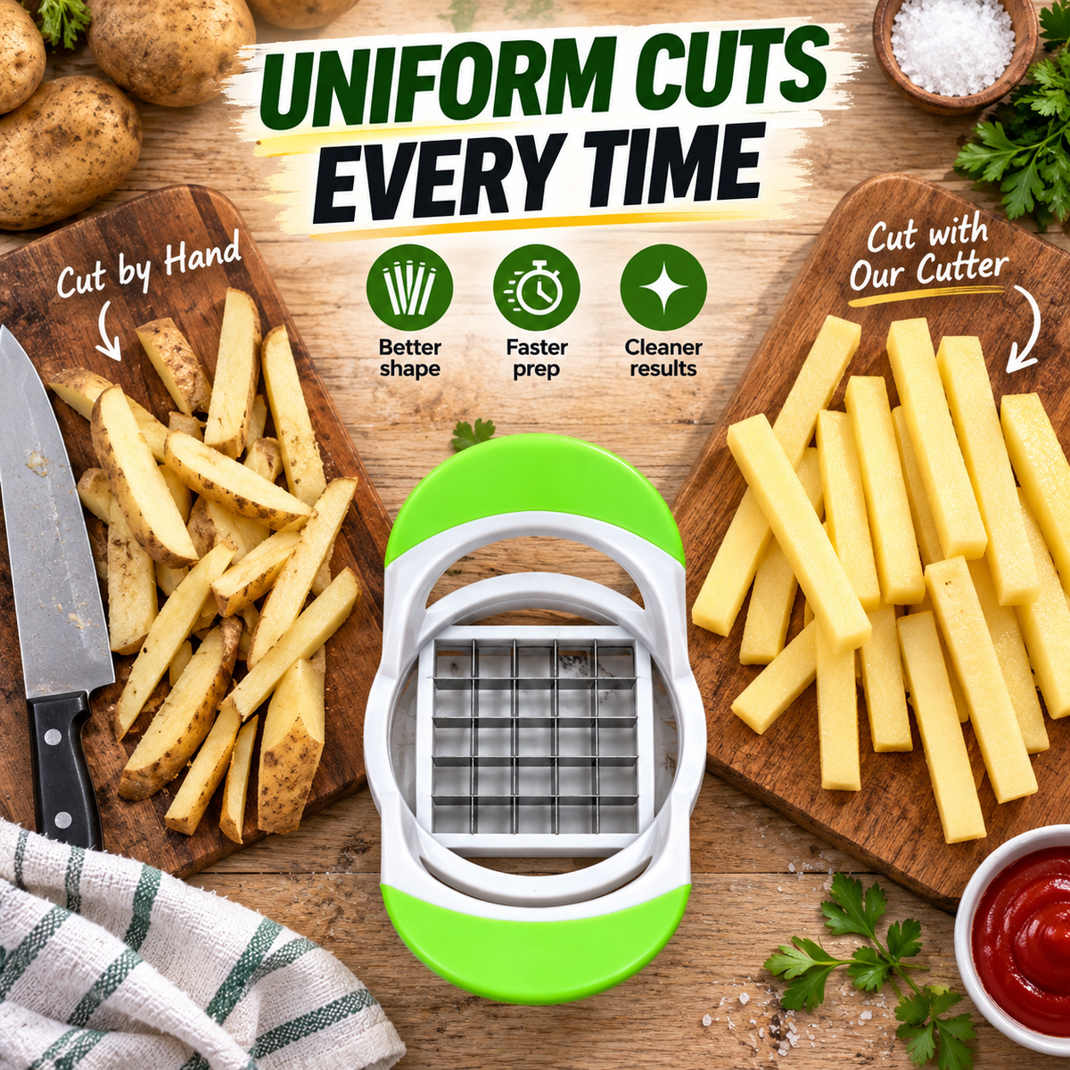 Cut Fries Instantly! No-Mess One-Press Stainless Fry Cutter