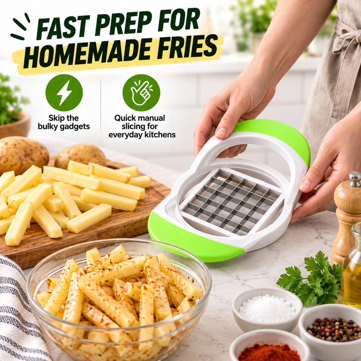 Cut Fries Instantly! No-Mess One-Press Stainless Fry Cutter