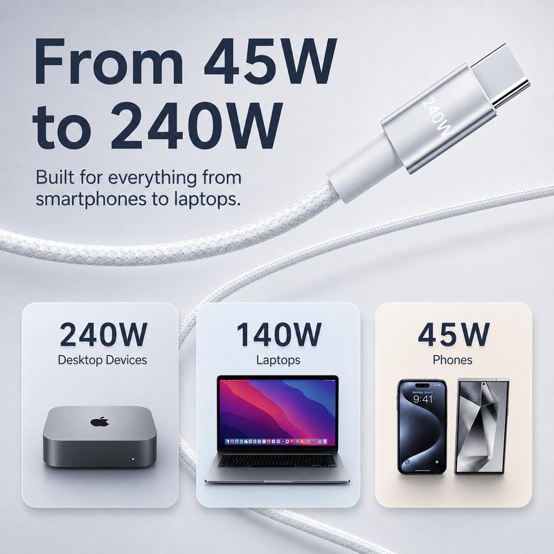 Charge Multi-Devices Instantly! No-Clutter 240W Braided Cable