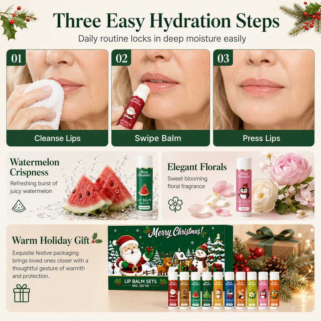 Moisturize Dry Lips Instantly! No-Crack 10-Piece Christmas Balm Set