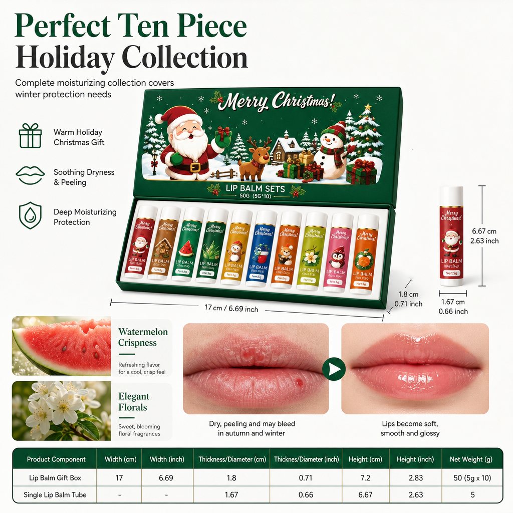 Moisturize Dry Lips Instantly! No-Crack 10-Piece Christmas Balm Set