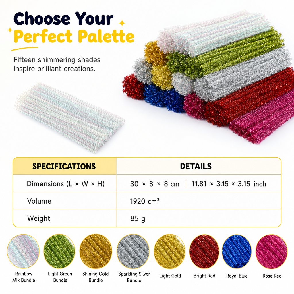 100-Piece Glitter Chenille Stems for DIY Crafts