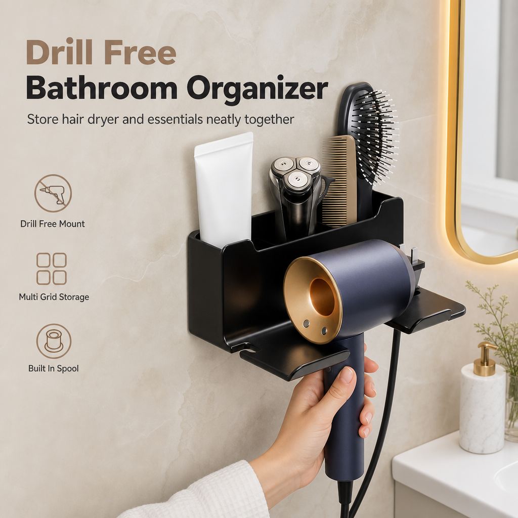 Store Hair Tools Instantly! No-Drill Drainable Bathroom Holder