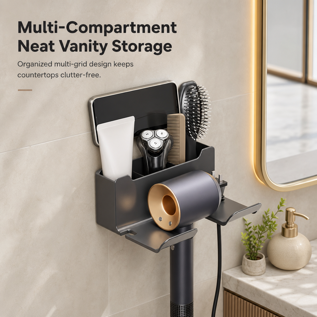 Store Hair Tools Instantly! No-Drill Drainable Bathroom Holder