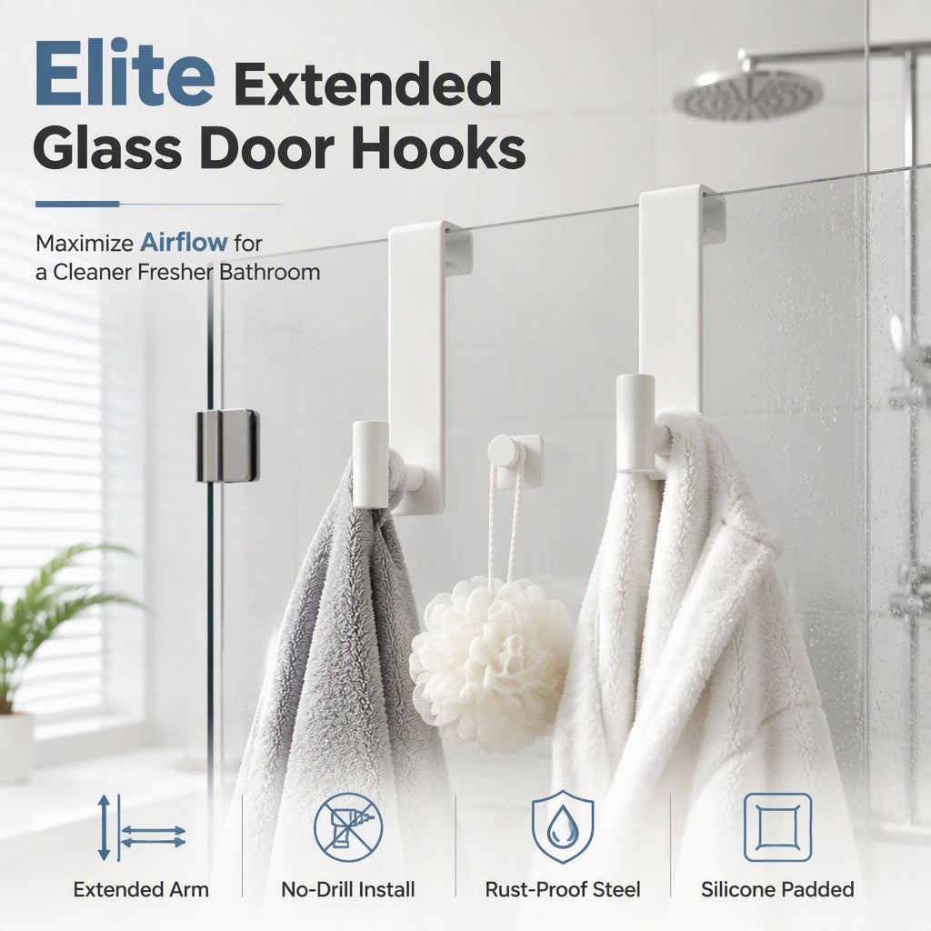 Dry Towels Instantly! No-Drill Extended Glass Shower Door Hooks