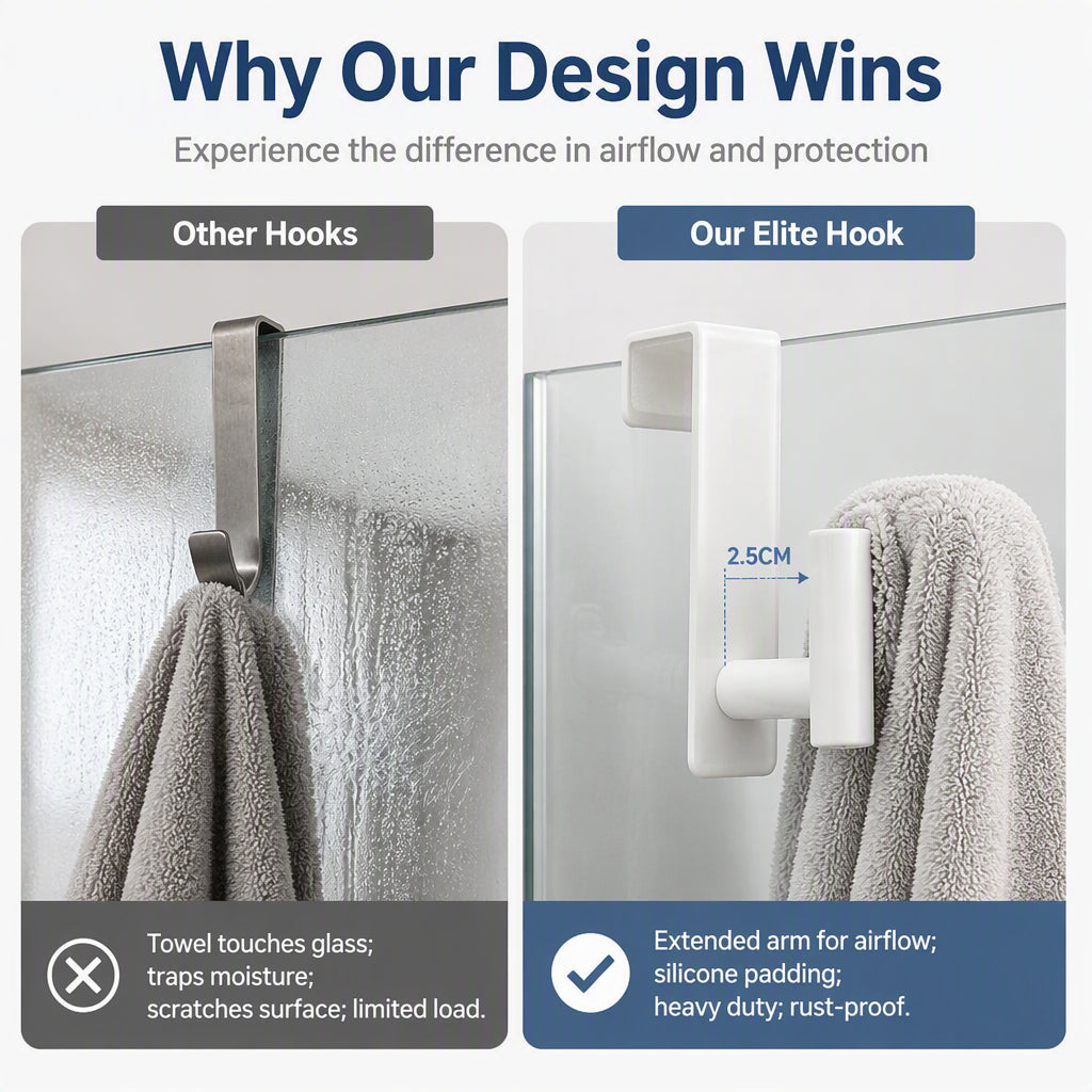Dry Towels Instantly! No-Drill Extended Glass Shower Door Hooks