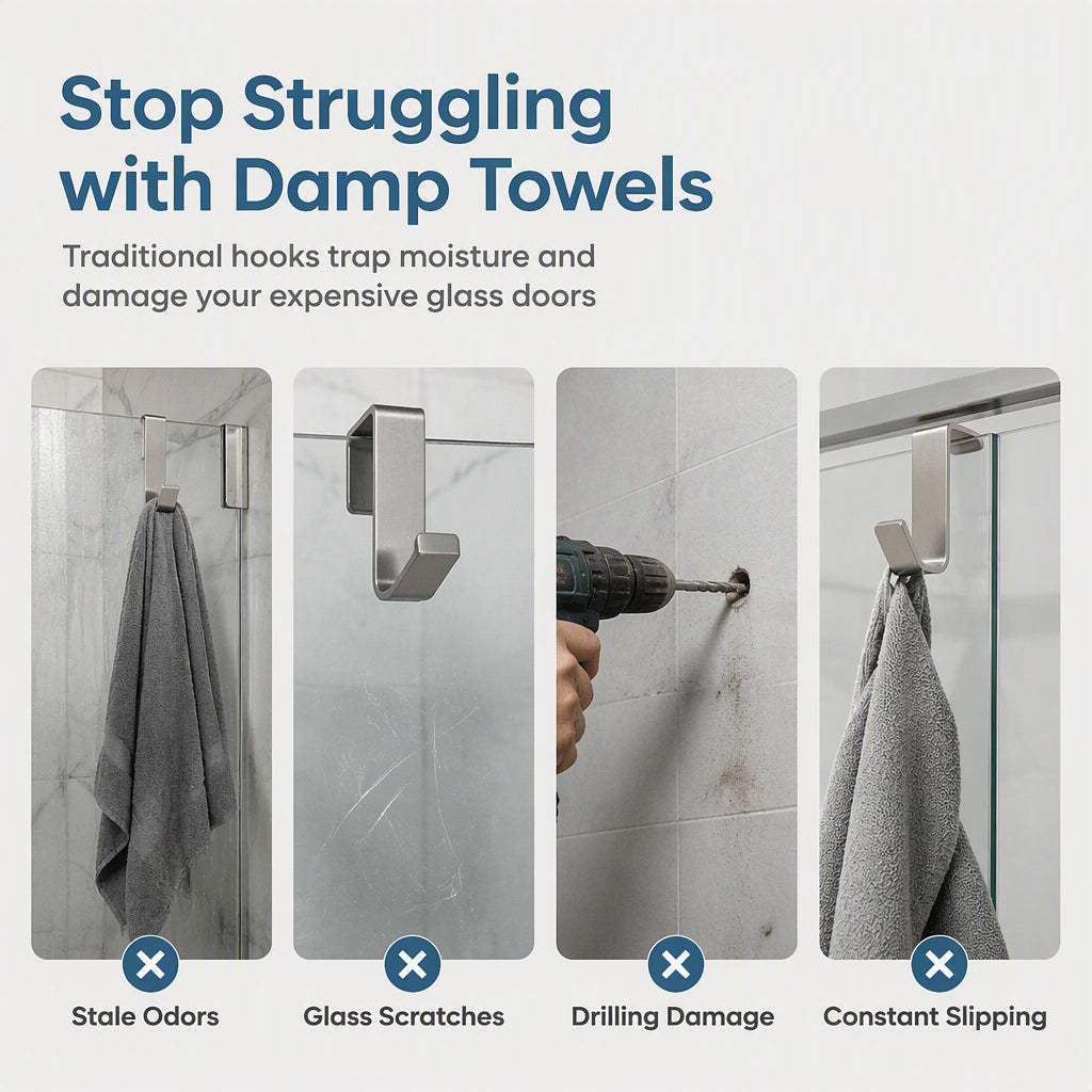 Dry Towels Instantly! No-Drill Extended Glass Shower Door Hooks