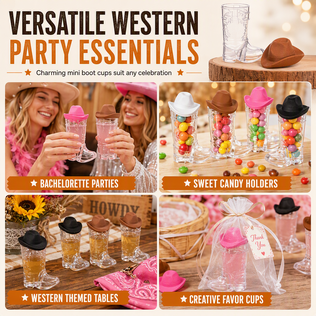 Toast In Style Instantly! Cowboy Boot Shot Glasses with Mini Hats