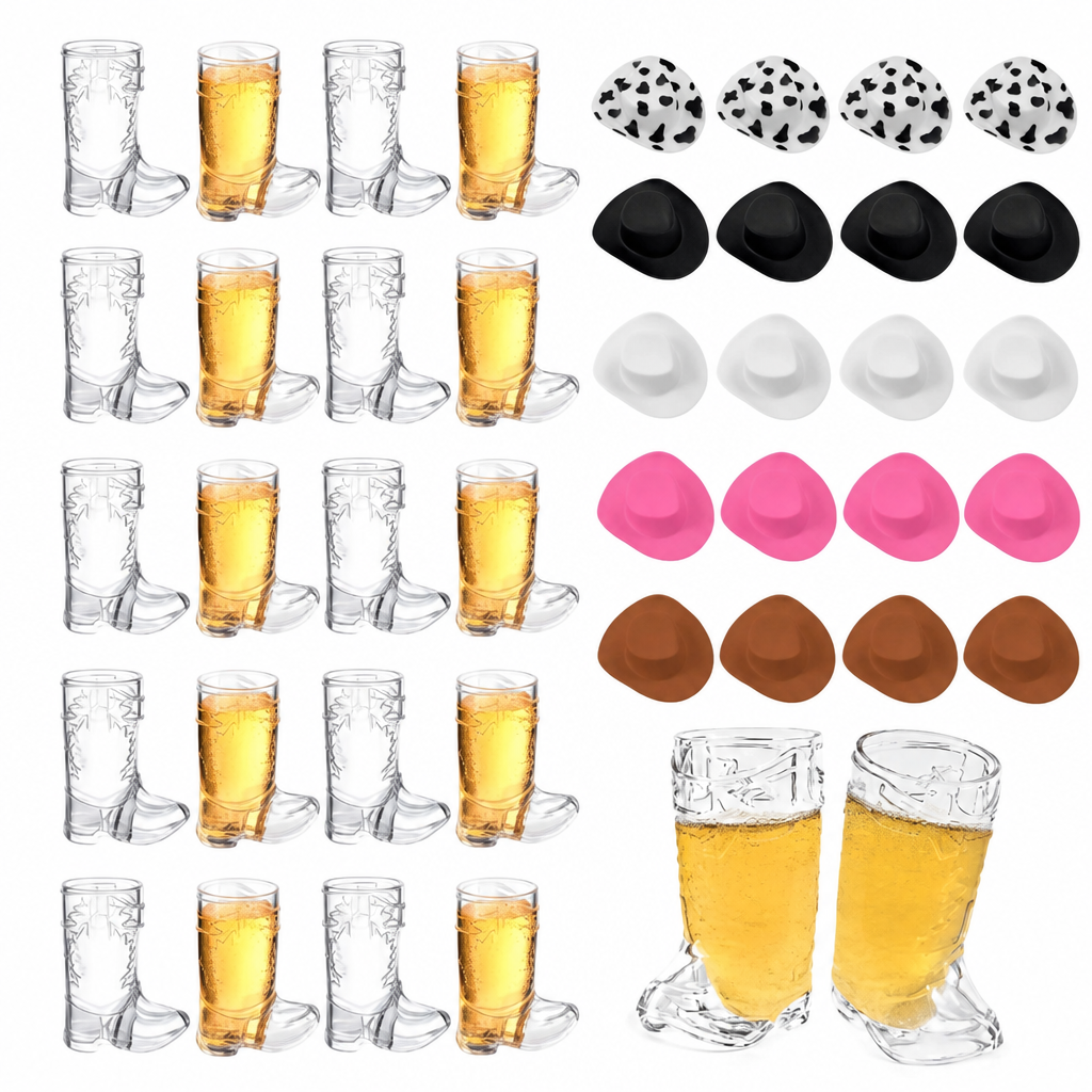 Toast In Style Instantly! Cowboy Boot Shot Glasses with Mini Hats