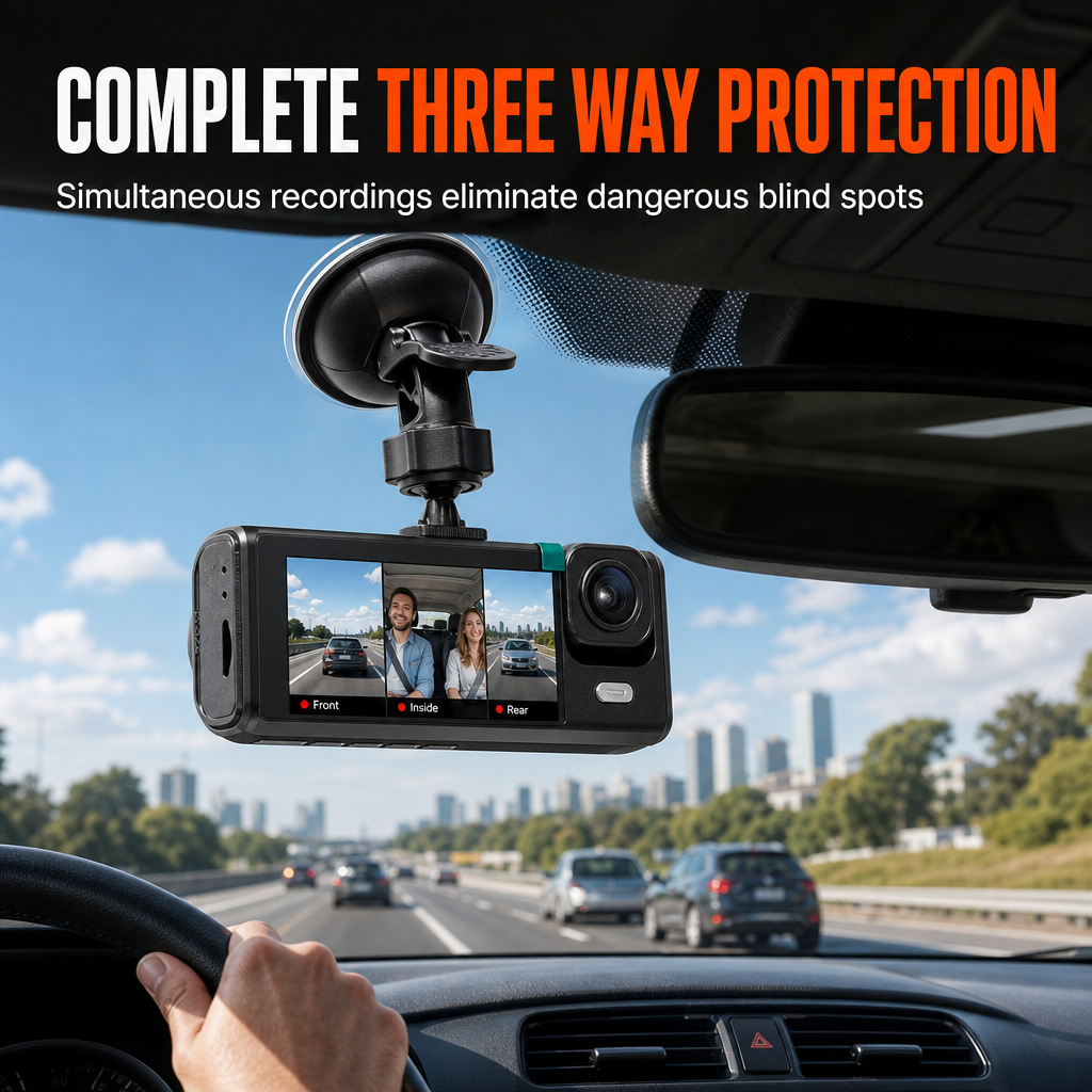 Record Every Angle Instantly! 3-Channel 1080P Car Dash Cam