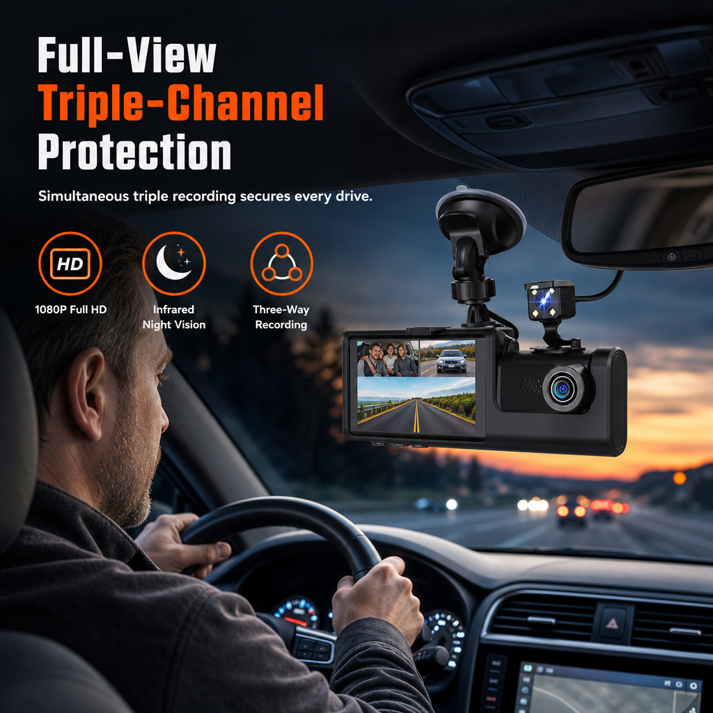Record Every Angle Instantly! 3-Channel 1080P Car Dash Cam