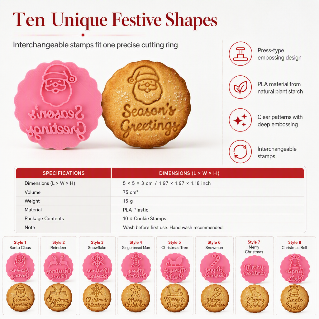 Press Crisp Holiday Cookies Instantly! 10-Shape Christmas Cookie Stamp Set