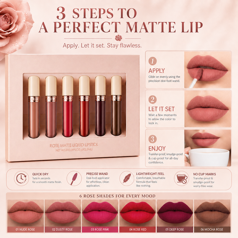 Get Rose Matte Lips Instantly! Long-Lasting Liquid Lipstick