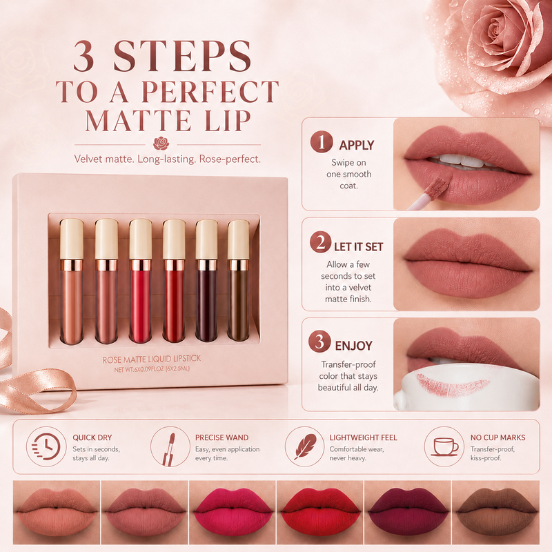 Get Rose Matte Lips Instantly! Long-Lasting Liquid Lipstick