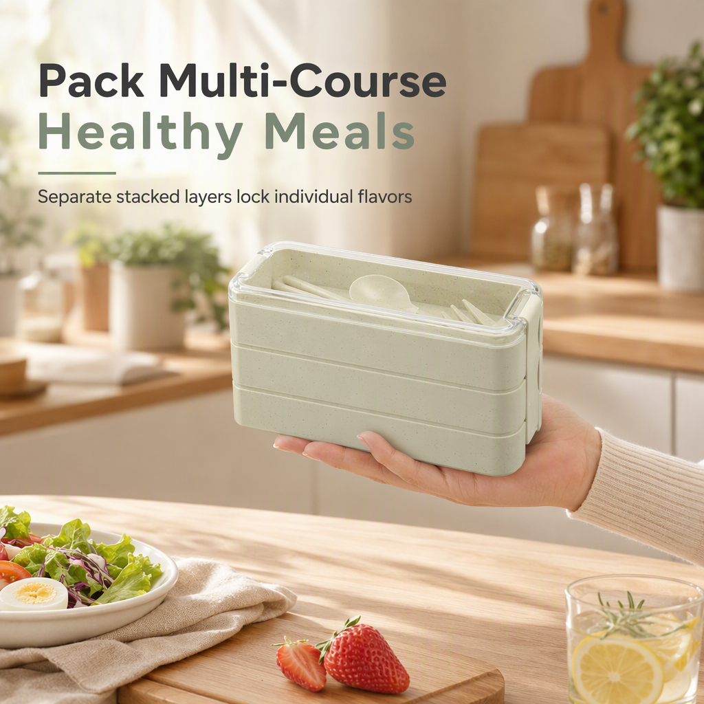 Pack Fresh Meals Instantly! 3-Layer Bento Lunch Box with Cutlery