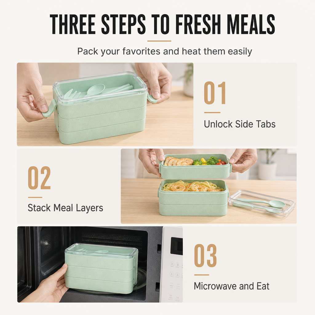 Pack Fresh Meals Instantly! 3-Layer Bento Lunch Box with Cutlery