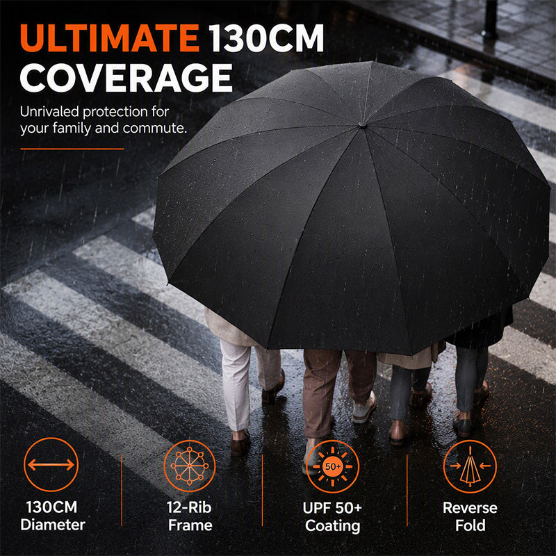 Stay Bone-Dry Instantly! 130cm 12-Rib Windproof Family Umbrella