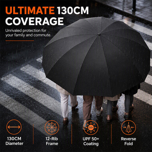 Stay Bone-Dry Instantly! 130cm 12-Rib Windproof Family Umbrella