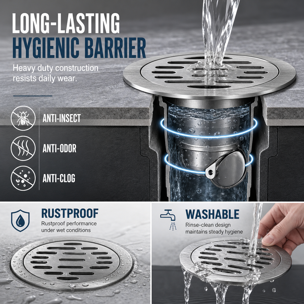 Brushed Stainless Steel Round Floor Drain with Deodorizing Core for Bathroom and Washing Machine