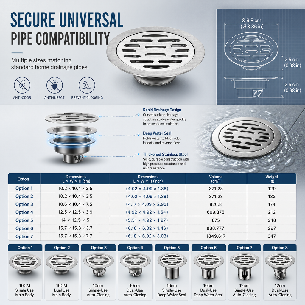 Brushed Stainless Steel Round Floor Drain with Deodorizing Core for Bathroom and Washing Machine
