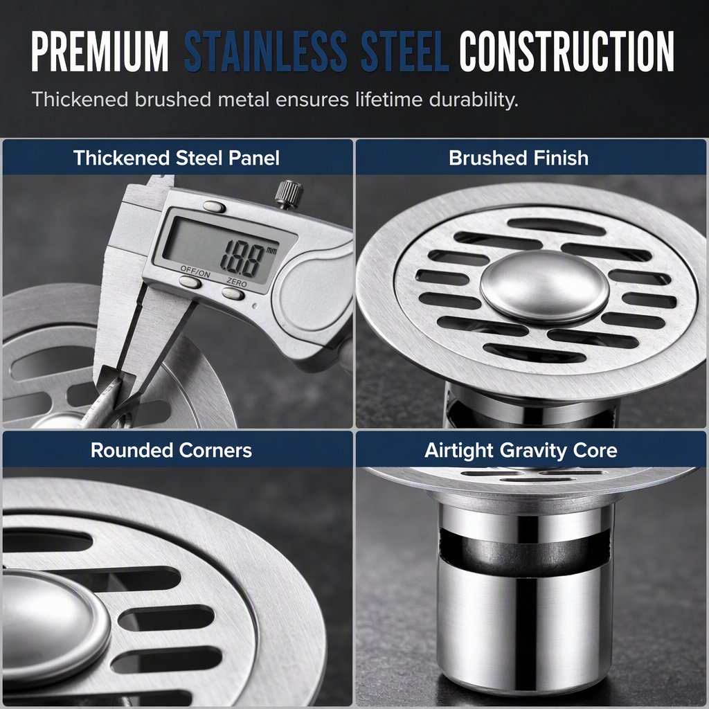 Brushed Stainless Steel Round Floor Drain with Deodorizing Core for Bathroom and Washing Machine