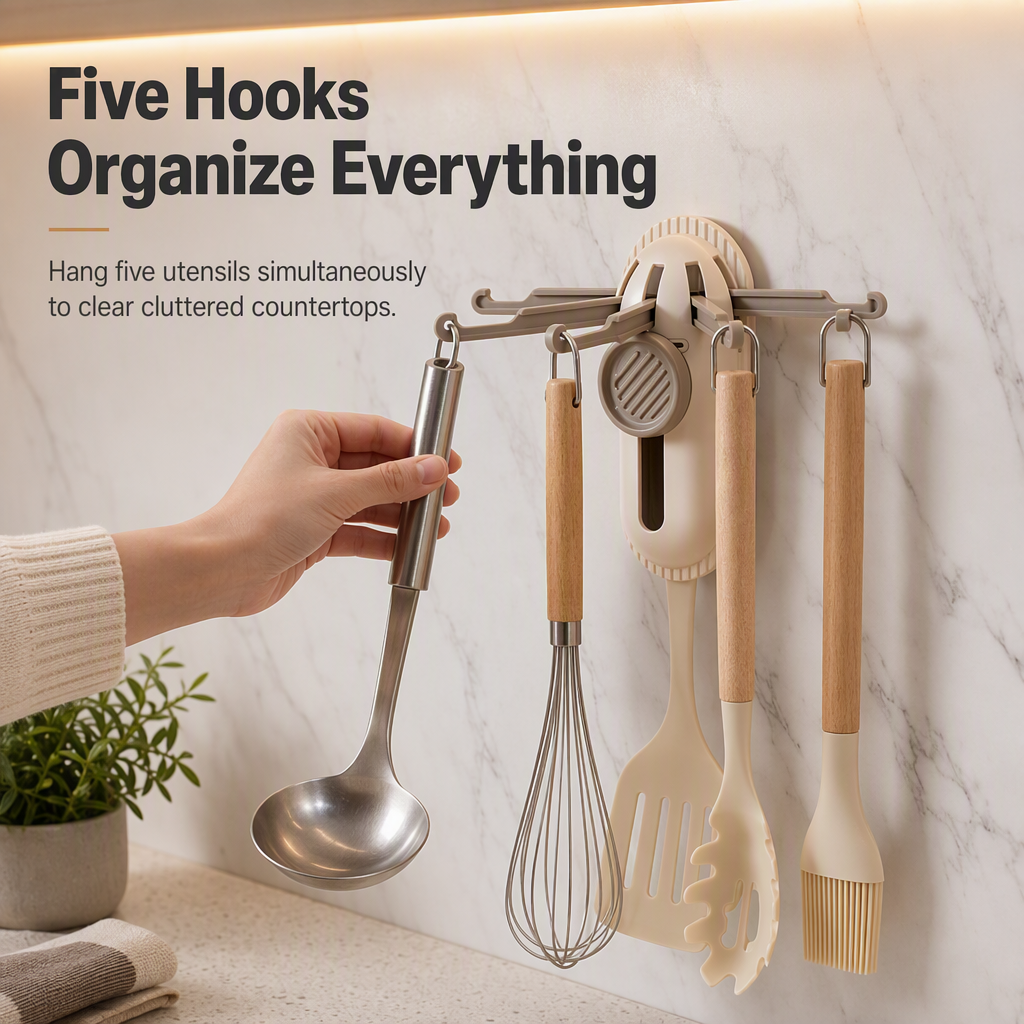 Clear Kitchen Clutter Instantly! No-Drill Five-Claw Adhesive Hook Rack