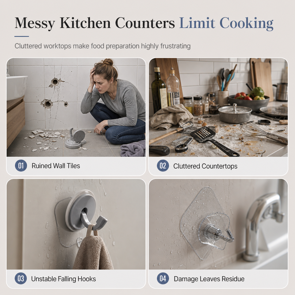 Clear Kitchen Clutter Instantly! No-Drill Five-Claw Adhesive Hook Rack