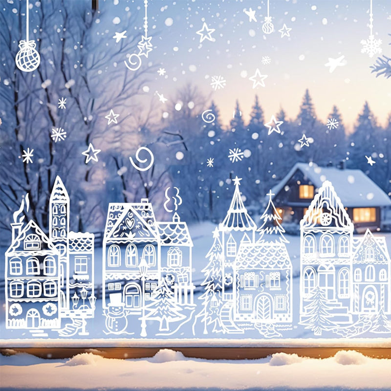 🎁Christmas Hot Sale 50% OFF🎅Christmas Village Static Window Cling Set, 78Pcs Reusable Xmas Window Stickers