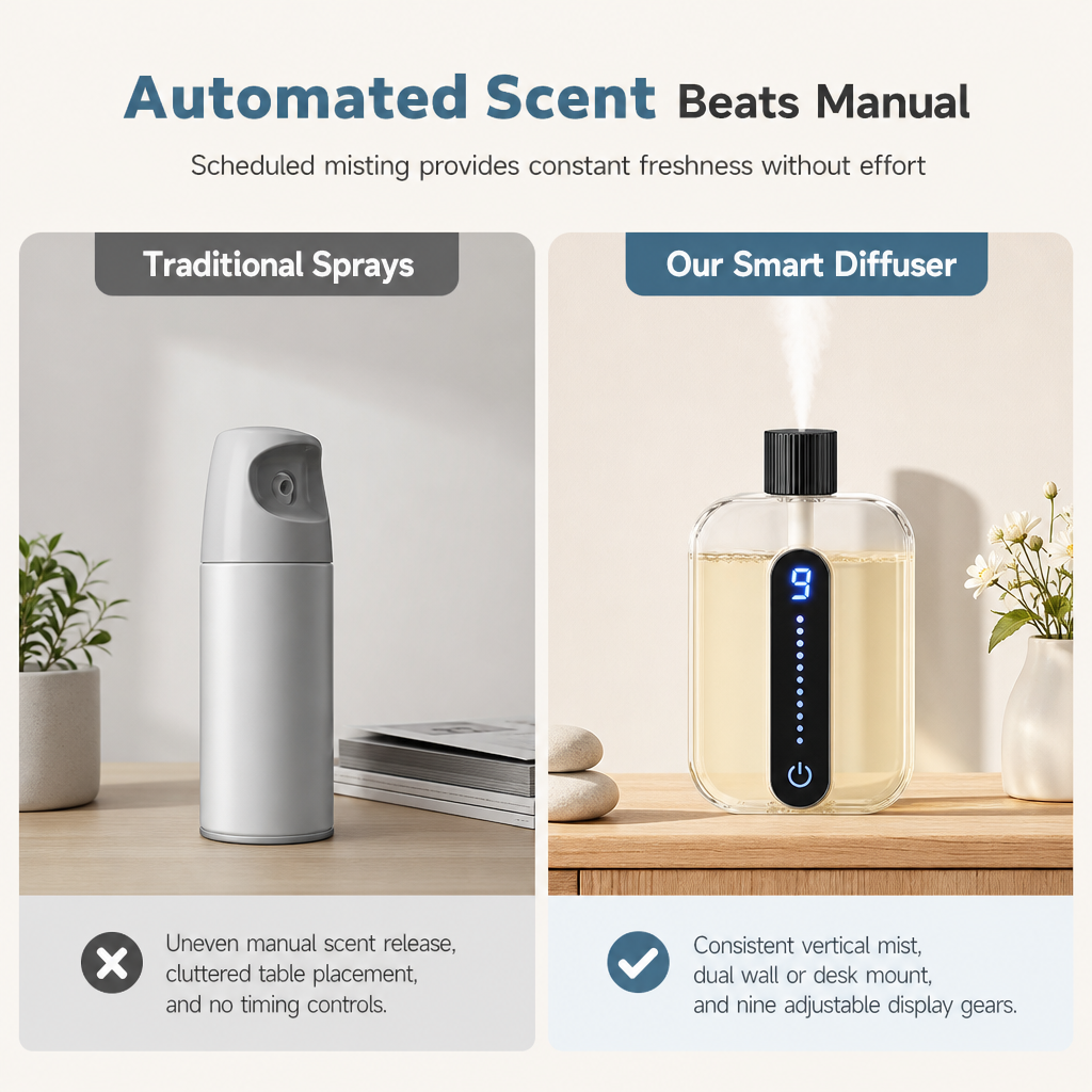 Automatic Aromatherapy Diffuser with Digital Display and 9 Adjustable Levels Smart Home Fragrance Spray Air Freshener and Deodorizer for Bedroom and Bathroom